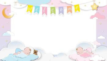 Baby shower card,Cute little twin boy, girl sleeping on fluffy cloud with crescent moon and star on pink sky background, Vector Paper cut cloudscape backdrop with copy space for newborn baby's photo
