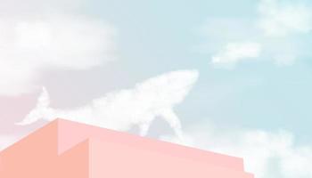 nube esponjosa en forma de ballena volando hasta rosa, cielo azul con escalón de podio beige 3d, pancarta vectorial con maqueta de escaparate de escenario, exhibición de dibujos animados lindos decoración del cielo natural para fondo de pancarta web vector