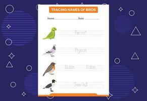 Trace the names of birds. Handwriting practice for preschool kids vector