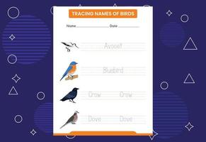 Trace the names of birds. Handwriting practice for preschool kids vector