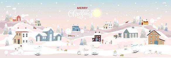 Winter landscape with happy people,polar bear and rabbit playing ice skate in the park,Vector banner Winter wonderland bunny and bear celebrating in forest,Merry Christmas and New year 2023 background vector