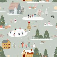 paisaje invernal de patrones sin fisuras en el pueblo, ilustración vectorial niño feliz jugando patines de hielo en el parque, interminable vida nocturna de la ciudad de invierno en vacaciones para navidad y año nuevo 2022 fondo vector