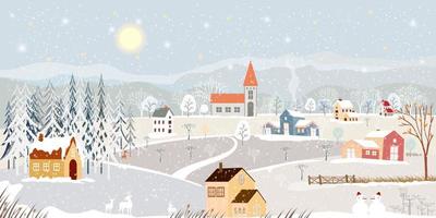 paisaje invernal en el pueblo por la noche en el fondo del campo, banner horizontal vectorial país de las maravillas invernal con casa en las colinas y pino forestal, telón de fondo para celebrar la navidad y el año nuevo 2023 vector