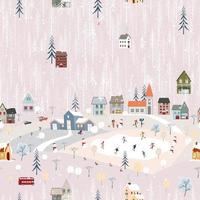paisaje invernal de patrones sin fisuras, celebrando la navidad y el año nuevo 2023 en el pueblo por la noche con gente feliz jugando a patinar sobre hielo en el parque, banner horizontal vectorial país de las maravillas de invierno en el campo