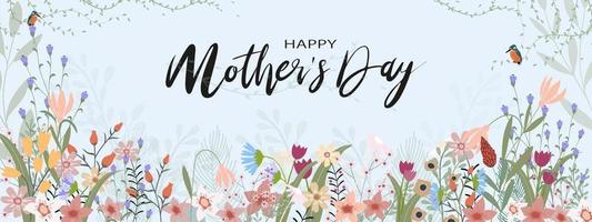 Mother's day banner Spring flowers border with birds on climbing plant on blue pastel background,Vector illustration horizontal card or backdrop of cute blooming flora frame design of Beautiful botany
