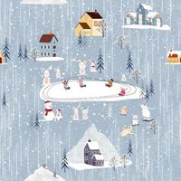 Seamless pattern Winter, Christmas landscape in the town with pine tree,fairy tale house,kids,polar bear playing ice skate,Vector cute cartoon design Village on Christmas eve,New year 2023 background