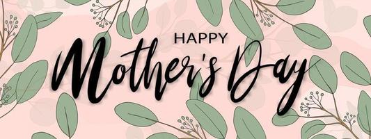 Mother's day banner with Eucalyptus branches leaves border on peach background, Vector illustration horizontal backdrop of greenery leaves, Flat design of beautiful botanical