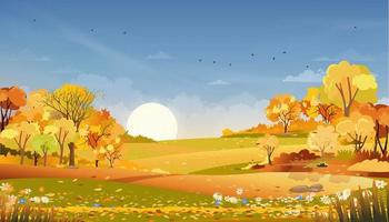 paisaje rural otoñal campos agrícolas y árboles forestales con cielo anaranjado puesta de sol, banner de dibujos animados vectoriales telón de fondo cosecha de campo agrícola, paisaje de campo natural con amanecer para el fondo de la temporada de otoño vector
