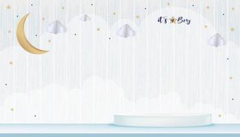 vector para tarjeta de ducha de bebé sobre fondo de madera, paisaje de nubes de origami abstracto de papel lindo, luna creciente y estrellas en el cielo azul y podio 3d, corte de papel con espacio de copia para las fotos del bebé