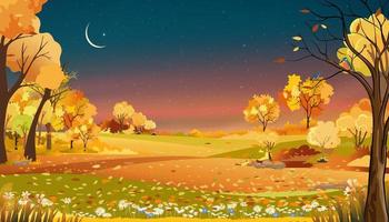 paisaje rural de otoño campos de granja y árboles forestales con orang, puesta de sol de cielo azul, banner de dibujos animados vectoriales telón de fondo cosecha de campo de granja, paisaje de campo natural con amanecer para el fondo de la temporada de otoño