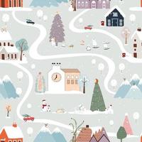 patrón invernal sin costuras, paisaje navideño en la ciudad con pino, casa de cuento de hadas, automóvil, oso polar jugando patinaje sobre hielo, pueblo de diseño de dibujos animados lindo vectorial en la víspera de Navidad, fondo de año nuevo 2023 vector