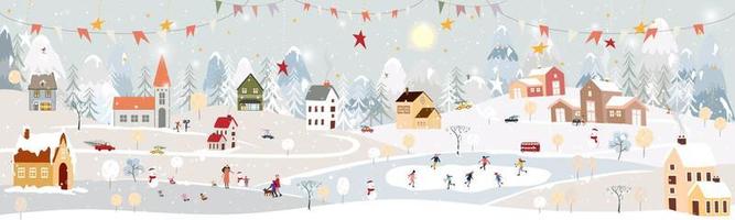 Winter landscape, Celebrating Christmas and new Year 2023 in village at night with happy polar bear playing playing ice skates in the park,Vector of horizontal banner winter wonderland in countryside vector