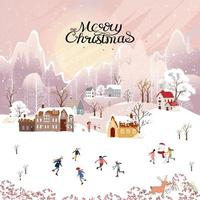 Winter landscape, Celebrating Christmas and new Year 2022 in village at night with happy people playing playing ice skates in the park,Vector of horizontal banner winter wonderland in countryside vector