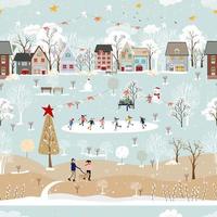 paisaje invernal de patrones sin fisuras en el pueblo, niño feliz vector jugando patines de hielo en el parque, interminable vida nocturna de la ciudad de invierno en vacaciones para navidad y año nuevo 2023 antecedentes