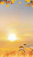 bosque de paisaje otoñal con puesta de sol de cielo naranja, follaje natural vectorial de mediados de otoño, temporada de otoño de dibujos animados en el campo con árbol forestal con amanecer, banner vertical natural para pantalla web o móvil vector