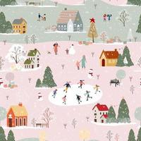 Seamless pattern Winter wonderland landscape in village,Vector Happy kid playing ice skates in the park, Endless Winter city nightlife on holiday for Christmas and new year 2022 background