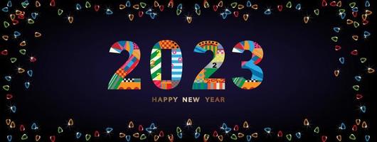 Happy New Year 2023 with light bulbs frame on dark blue background,Vector Banner backdrop Creative design for Greeting Lettering,flyers, posters, banners,brochure and calendar vector