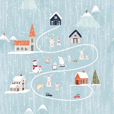 Seamless pattern Winter, Christmas landscape in the town with pine tree,fairy tale house,car,polar bear playing ice skate,Vector cute cartoon design Village on Christmas eve,New year 2023 background