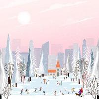 paisaje de la ciudad de invierno en navidad con gente feliz celebrando en el parque por la noche, tarjeta de felicitación de dibujos animados fondo de invierno con nieve, niños divirtiéndose jugando al aire libre en el nuevo año 2023 vector