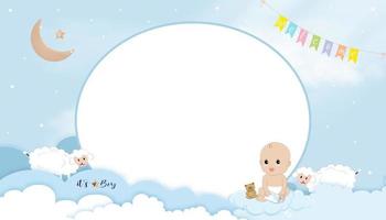 invitación a la ducha de bebé con un niño lindo sosteniendo una botella de leche sentada con un oso de peluche, paisaje nuboso de arte de papel, luna creciente, estrella de fondo azul, tarjeta vectorial con espacio de copia para la foto del bebé