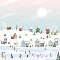 paisaje de la ciudad de invierno en navidad con gente feliz celebrando en el parque por la noche, tarjeta de felicitación de dibujos animados fondo de invierno con nieve, niños divirtiéndose jugando al aire libre en el nuevo año 2023 vector
