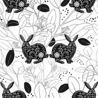 Seamless Doodle Rabbit with Eucalyptus leaves on white background, New year Chinese zodiac 2023 sign for element, Endless fabric pattern Easter Bunny with Floral fancy hare for print, wrapping paper vector