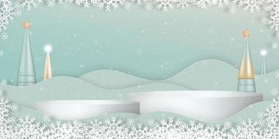 fondo de navidad y año nuevo. sala de estudio con soporte de cilindro 3d, árbol de navidad cónico, corte de papel de copos de nieve. telón de fondo de banner vectorial de paisaje invernal con elemento de navidad para tarjeta de felicitación de vacaciones vector