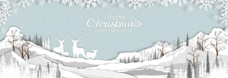 Happy New Year 2023 paper cut,Winter background with Deer in forest tree on mountain,Vector cartoon Magical Night Winter wonderland landscape with snowflakes on blue sky,Banner for Christmas holiday