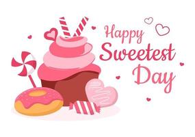 Happy Sweetest Day on 21 October Sweet Holiday Event Hand Drawn Cartoon Flat Illustration with Cupcakes and Candy in a Pink Background vector