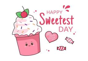 feliz día más dulce el 21 de octubre dulce evento festivo dibujado a mano ilustración plana de dibujos animados con pastelitos y dulces en un fondo rosa vector
