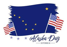 feliz día de alaska el 18 de octubre ilustración plana de dibujos animados dibujados a mano con bandera ondeando en el paisaje invernal en plantilla para pancarta o póster vector