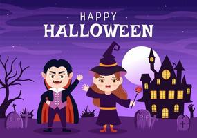 feliz fondo de plantilla de halloween ilustración plana de dibujos animados dibujados a mano con niños con varios disfraces, casa embrujada, calabazas, murciélagos y luna llena vector