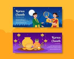 karwa chauth festival plantilla de banner horizontal indio dibujado a mano ilustración plana de dibujos animados vector