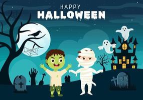 feliz fondo de plantilla de halloween ilustración plana de dibujos animados dibujados a mano con niños con varios disfraces, casa embrujada, calabazas, murciélagos y luna llena vector