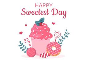 Happy Sweetest Day on 21 October Sweet Holiday Event Hand Drawn Cartoon Flat Illustration with Cupcakes and Candy in a Pink Background vector