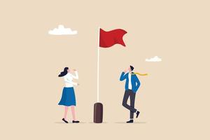 Red flag warning to be careful for business or economic disaster, advice, notice or caution, attention or alert for threat concept, thoughtful businessman and businesswoman look at red flag warning. vector