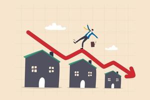 Caída del precio de la vivienda, caída de bienes raíces y propiedades, caída o disminución del valor, concepto de préstamo hipotecario o riesgo hipotecario, empresario inversionista dueño de casa cayendo en declive cayendo por el gráfico de vivienda. vector