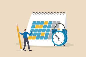 planificación de horarios y gestión del tiempo, organización de reuniones y citas, recordatorio de eventos o concepto de horario de negocios, empresario que tiene un horario de trabajo de planificación de lápiz en el calendario y reloj despertador. vector