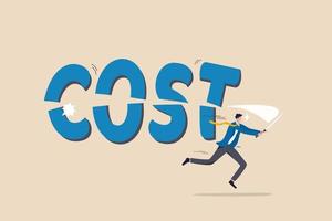 Cost saving idea, cost reduction or decrease expense, financial or accounting optimization, lower spending to make more profit concept, smart businessman cutting the word COST with his sword. vector