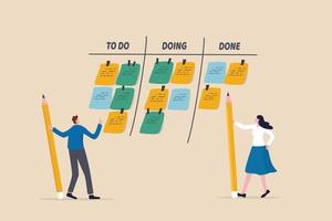 Review work progress on kanban board, todo list, in progress task and finished one, project management or planning for production concept, business people review project progress on kanban board. vector