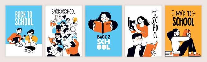 Set of back to school posters. Vector illustration concepts for graphic and web design, business presentation, marketing and print material. International education day, world book day, teachers day.