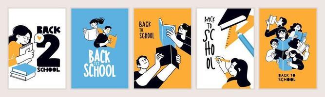 Set of back to school posters. Vector illustration concepts for graphic and web design, business presentation, marketing and print material. International education day, world book day, teachers day.