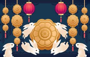 Moon Cake Decoration And Cute Bunny vector