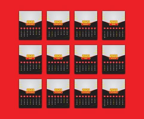 Yearly Calendar 2023 Print Ready Eps Vector Template, 12 Months Calendar.
