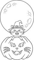 gato en una calabaza de halloween bajo la luna vector