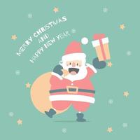 merry christmas and happy new year with cute santa claus and present gift in the winter season green background, flat vector illustration cartoon character costume design