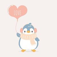 lindo y encantador pingüino dibujado a mano sosteniendo un globo de corazón, feliz día de San Valentín, concepto de amor, diseño de vestuario de personaje de dibujos animados de ilustración vectorial plana vector