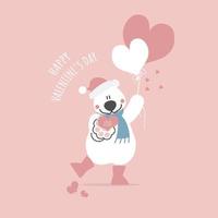 lindo y encantador oso de peluche dibujado a mano con globo de corazón, feliz día de San Valentín, concepto de amor, diseño de vestuario de personaje de dibujos animados de ilustración vectorial plana vector