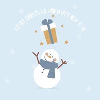 feliz navidad y feliz año nuevo con muñeco de nieve en la temporada de invierno, diseño de vestuario de personaje de dibujos animados de ilustración vectorial plana vector