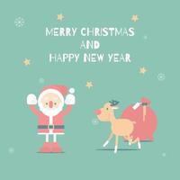 merry christmas and happy new year with cute santa claus, snowflake, star, reindeer in the winter season green background, flat vector illustration cartoon character costume design